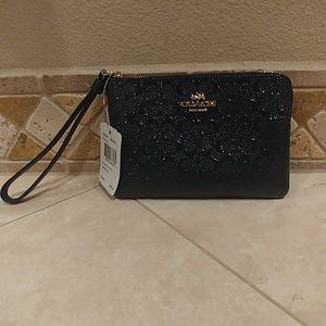 COACH Debossed Patent Corner Zip in color Midnight